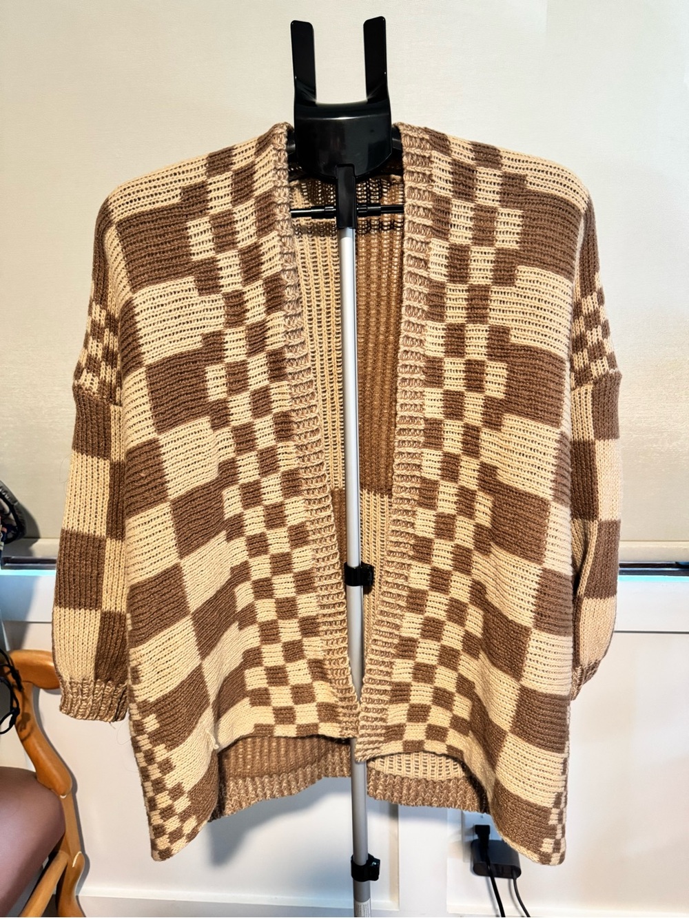 Amazon Checkerblock Open-Front Cardigan in Beige and Brown